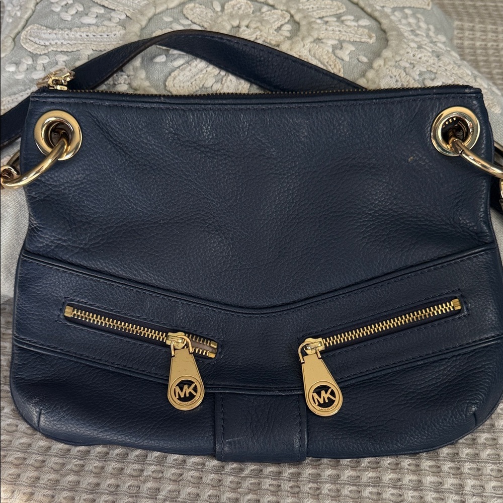 Michael Kors Dark Blue Shoulder Bag with Gold Accents